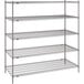 A Metro Super Erecta gray wire shelving unit with four shelves.