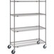 A gray Metro Super Erecta metal shelving unit with wheels.