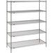 A gray Metro wire shelving unit with four shelves.
