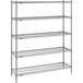 A gray Metro wire shelving unit with four shelves.