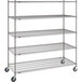 A gray Metro Super Erecta metal shelving unit with wheels.