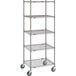 A gray Metro wire shelving unit with four shelves and wheels.