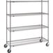 A gray Metro wire shelving unit with wheels.