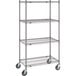 A gray Metro Super Erecta wire shelving unit with wheels.