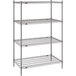 A Metro Super Erecta gray wire shelving unit with four shelves.