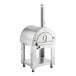 A stainless steel Backyard Pro outdoor pizza oven with a stand.