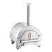 A silver stainless steel Backyard Pro outdoor pizza oven with a chimney.