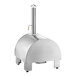 A stainless steel Backyard Pro wood-fired outdoor pizza oven with a wood handle.