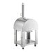 A stainless steel Backyard Pro wood-fired outdoor pizza oven with stand.