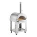 A silver Backyard Pro wood-fired pizza oven on wheels with a stand.