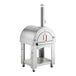 A stainless steel Backyard Pro wood-fired outdoor pizza oven with a stand.