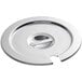 A silver stainless steel Choice Deluxe soup chafer cover with a handle and a hole in the center.