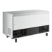 A white Avantco undercounter refrigerator with black and grey accents and wheels.