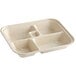 A white compostable fiber tray with five compartments.