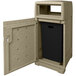 A Busch Systems sandstone plastic trash can with a black lid and door open.