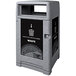 A Busch Systems grey outdoor waste receptacle with a black and white label.