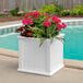 A white Mayne Cape Cod planter with a potted plant with pink flowers in it.