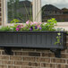 A Mayne Cape Cod black window box with flowers on the side of a brick wall.