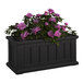 A black rectangular Mayne Cape Cod planter with purple flowers.