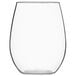 A clear Libbey Tritan plastic stemless wine glass.