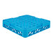 A blue plastic glass rack with 9 compartments designed for washing and transporting glassware.