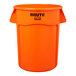 A Rubbermaid BRUTE orange plastic trash can with black text.