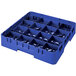 A blue plastic Cambro glass rack with 16 compartments and an extender.