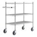 A Regency chrome metal shelving unit with wheels.