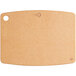 A brown Mercer composite cutting board with a white circle in the middle.