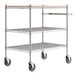 A Regency chrome utility cart with three shelves and wheels.