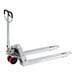 A silver Lavex pallet jack with red wheels.