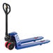 A blue metal Lavex pallet jack with red accents.