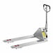 A silver Lavex stainless steel pallet jack with red wheels.