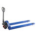 A blue Lavex hand pallet truck with metal bars and a handle.