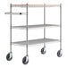 A chrome Regency utility cart with three shelves and wheels.