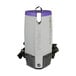 A grey and purple ProTeam backpack vacuum with a purple and white handle.