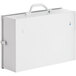 A white metal First Aid cabinet with a handle.