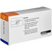 A white box with black text and blue and orange text that reads "First Aid Only Nitrile Finger Cot" with a finger pointing.