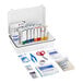 A white First Aid Only box with blue text and a few first aid items inside.