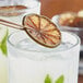 A dried lime slice in a glass of ice.