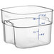 A clear plastic Cambro CamSquares food storage container with blue writing.