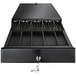 A black steel Adesso POS cash drawer with a rectangular pattern on the front.