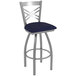 A Holland Bar Stool outdoor restaurant bar stool with a blue cushion and backrest.