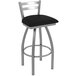 A Holland Bar Stool outdoor bar stool with a black seat and stainless steel swivel base.