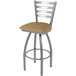 A Holland Bar Stool outdoor extra tall bar stool with a beige cushion and stainless steel legs.
