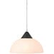 A Globe dark bronze pendant light with a white plastic shade hanging from a ceiling.