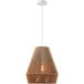 A Globe Matte White Pendant Light with Twine Details hanging in a restaurant dining area.