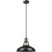 A Globe black and gold pendant light fixture with a metal shade over a table in a coffee shop.