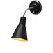 A Globe matte black wall sconce with a curved metal pole.