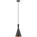 A black and gold cone-shaped pendant light with a metal shade hanging in a restaurant dining area.